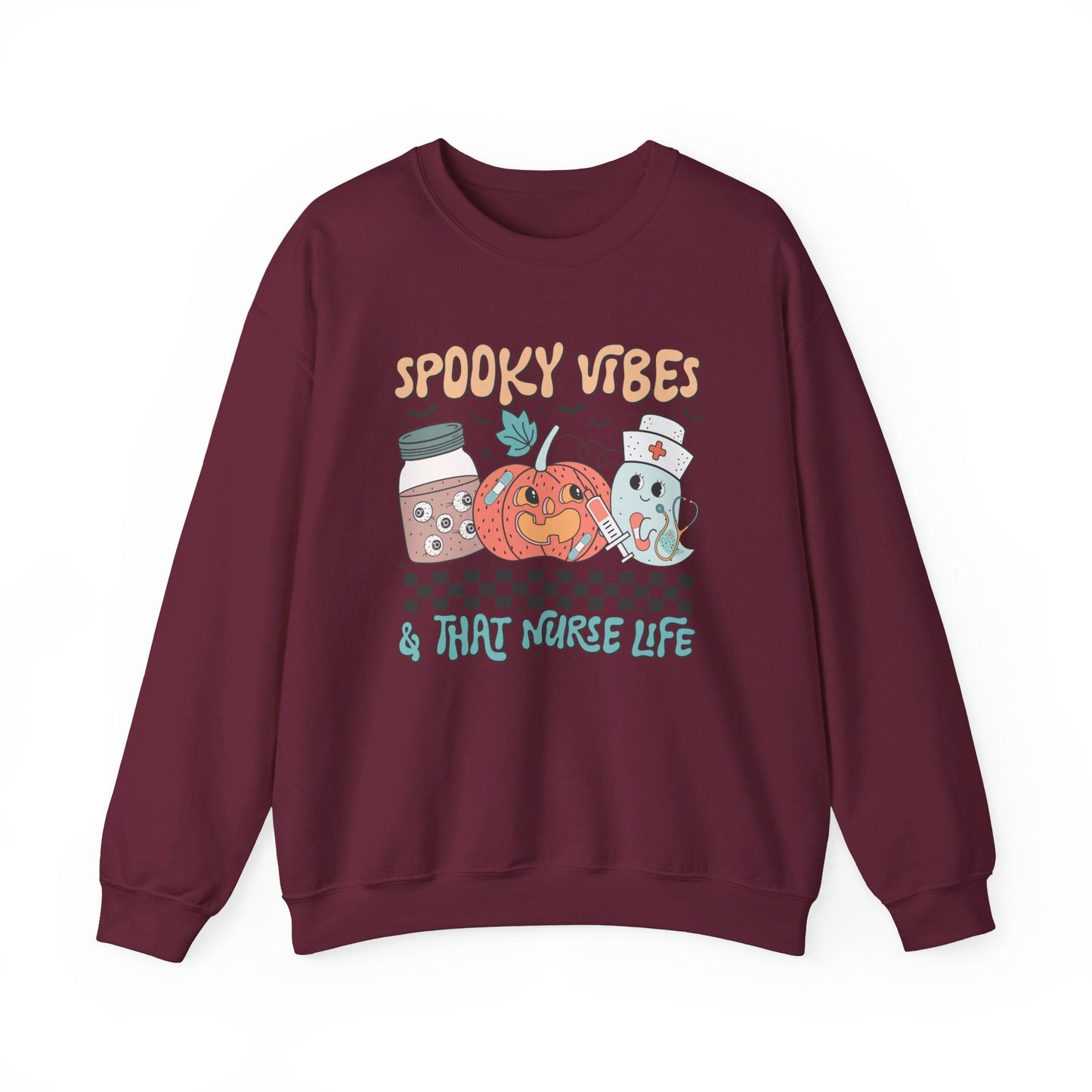 Spooky Vibes And That Nurse Life Halloween Sweatshirt Funny Retro Halloween Sweater Cute Spooky Vibes Crewneck Nurse Nursing Assistant Gift