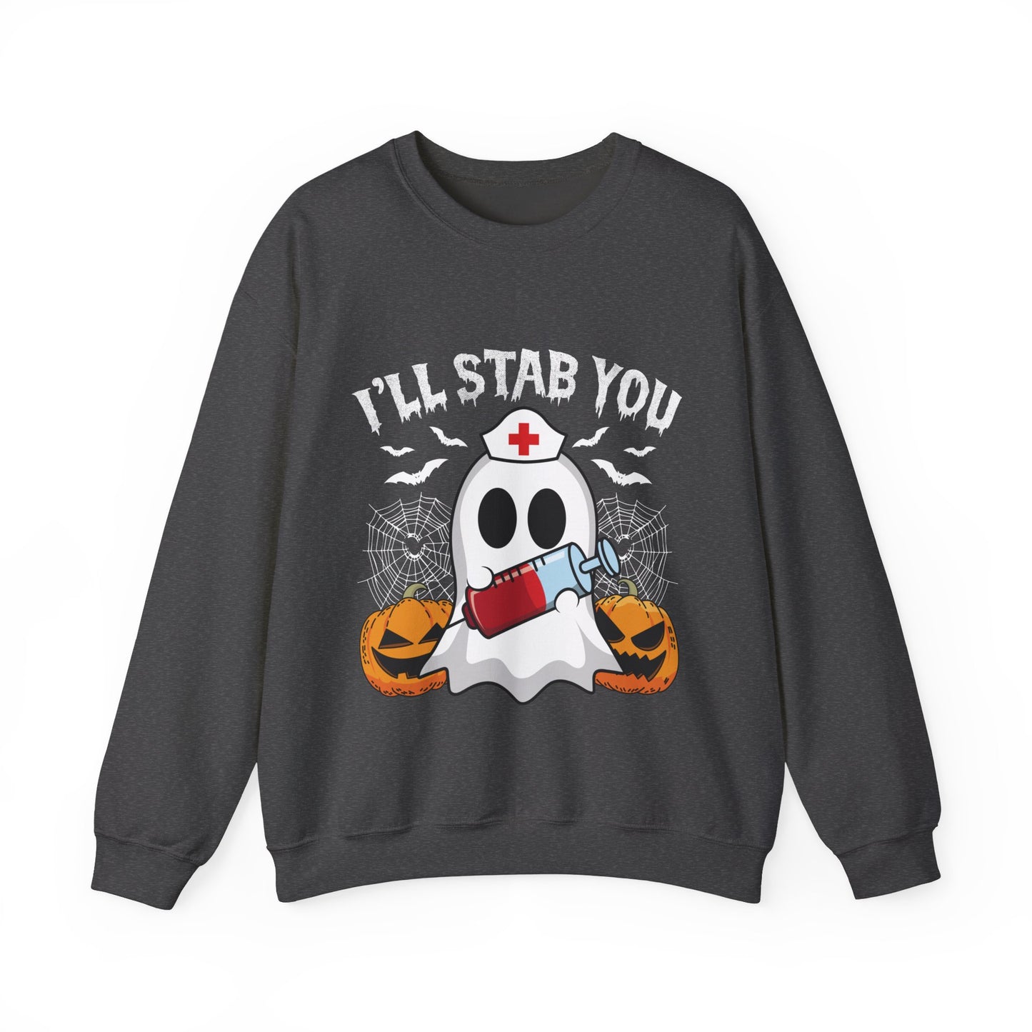 Funny Nurse Ghost Sweatshirt I’ll Stab You Halloween Sweater Ghost Nurse Halloween Spooky Season Pullover Sweater Boo Nursing Student Gift