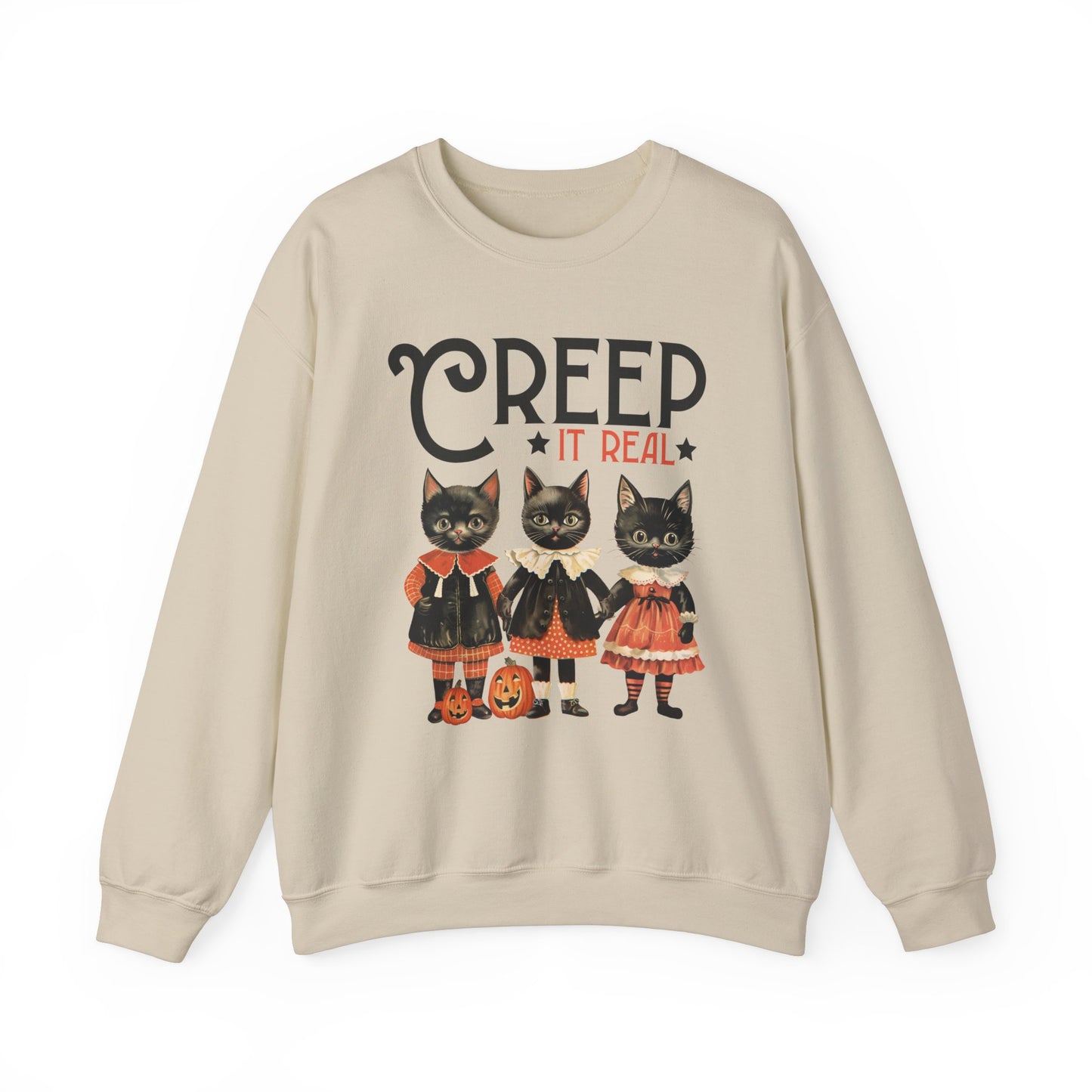 Creep It Real Sweatshirt Vintage 1950s Halloween Sweater Retro Halloween Sweatshirt Funny Black Cats Halloween Apparel Fall Season Cat Lover