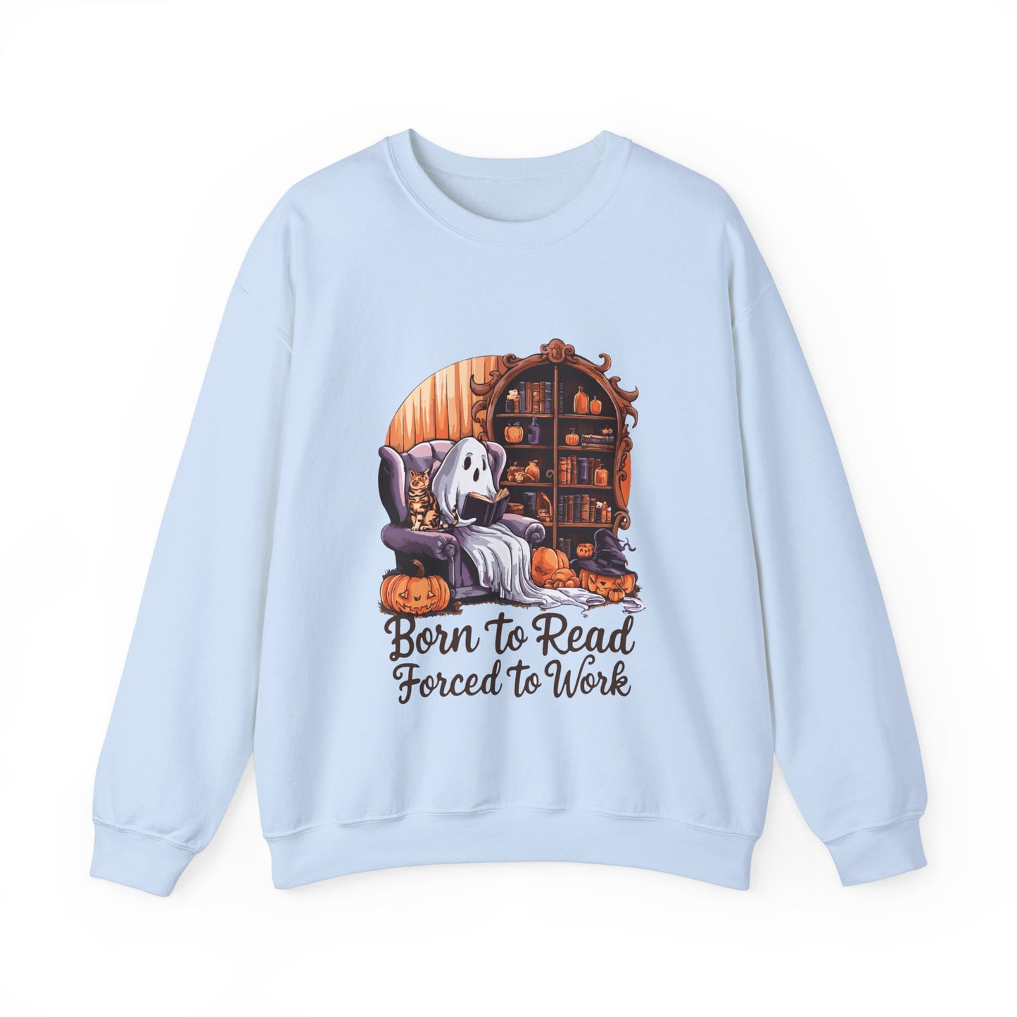 Born To Read Forced To Work Sweatshirt Funny Halloween Ghost Reading Book Sweater Book Addict Gift Book Lover Pullover Sweater Librarian Gift 2