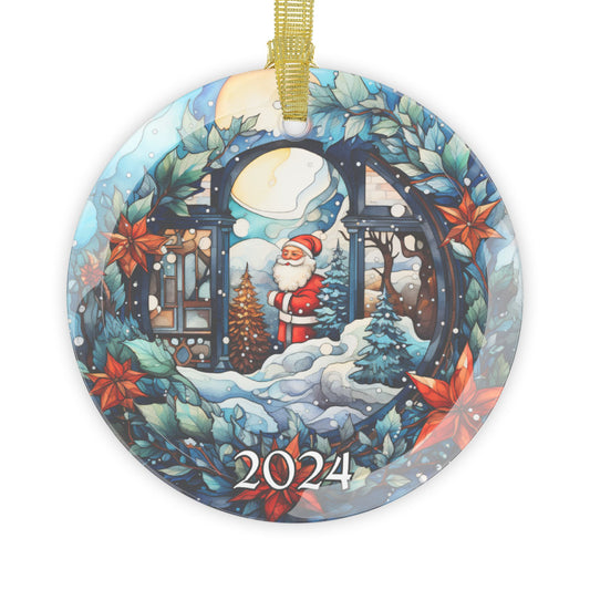 Christmas 2024 Glass Ornament Blue Santa Christmas Decoration Gift Idea Heirloom Keepsake Gift Exchange Xmas Tree Decor Faux Stained Glass