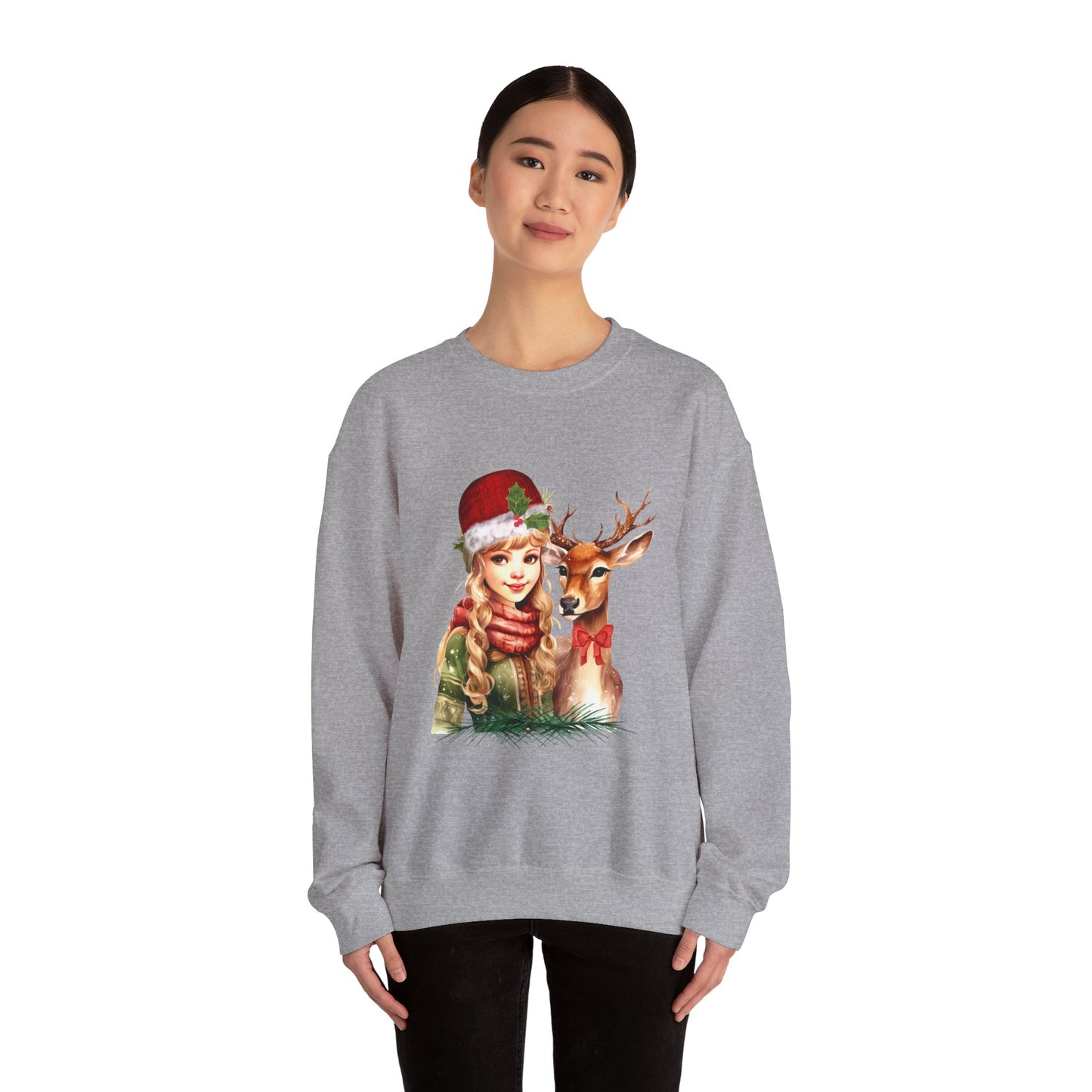 Vintage Reindeer Christmas Sweatshirt Retro Christmas Sweater Vintage Graphic Tee Vintage 1950s Girl and Reindeer Sweater Rudolph Crewneck