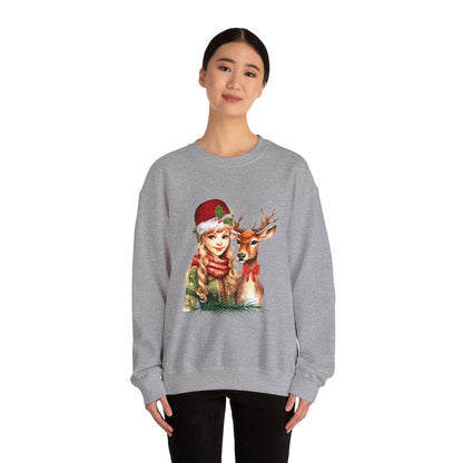 Vintage Reindeer Christmas Sweatshirt Retro Christmas Sweater Vintage Graphic Tee Vintage 1950s Girl and Reindeer Sweater Rudolph Crewneck