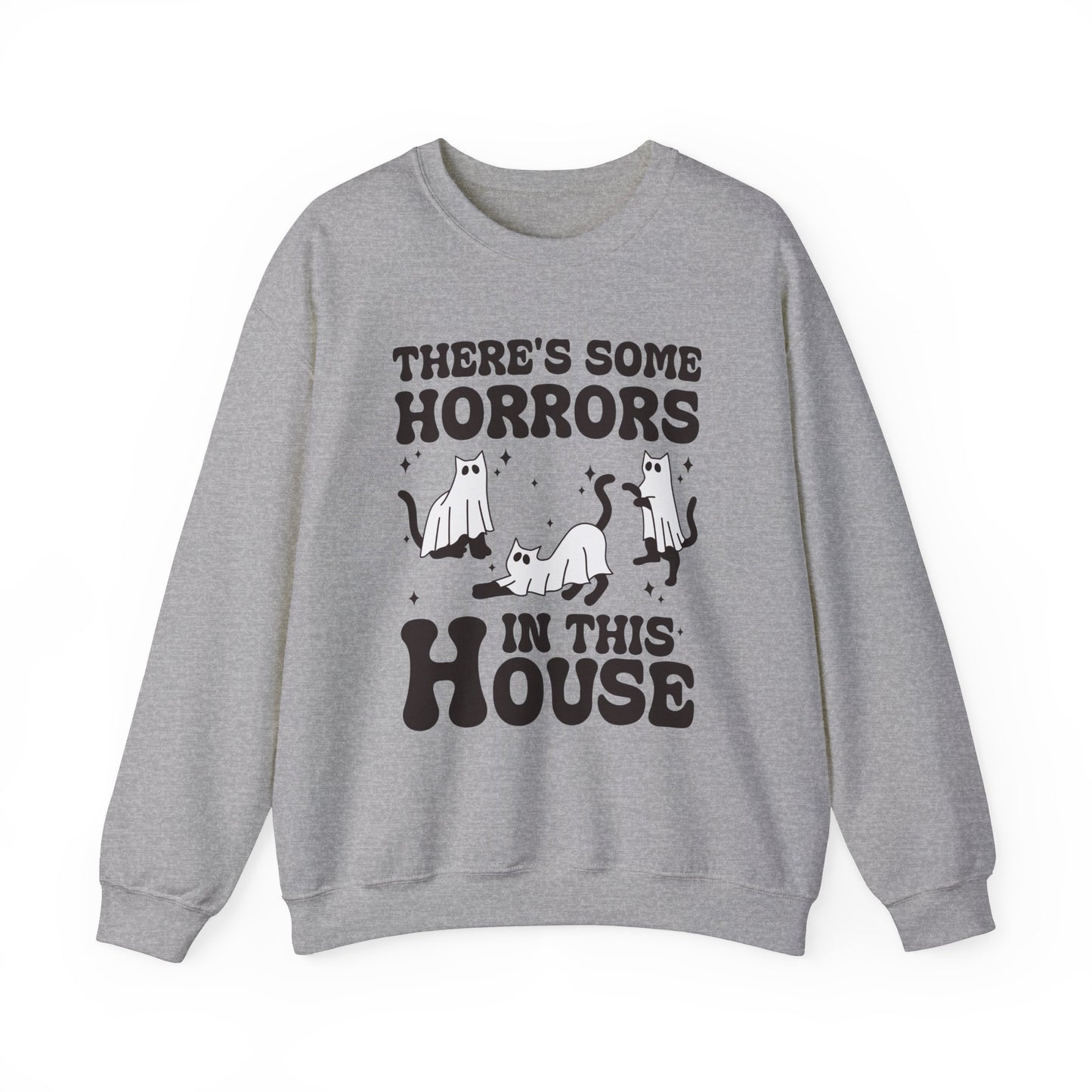 There's Some Horrors In This House Sweatshirt Funny Halloween Sweater Ghost Cat Sweater Retro Halloween Sweater Spooky Season Cat Lover Gift