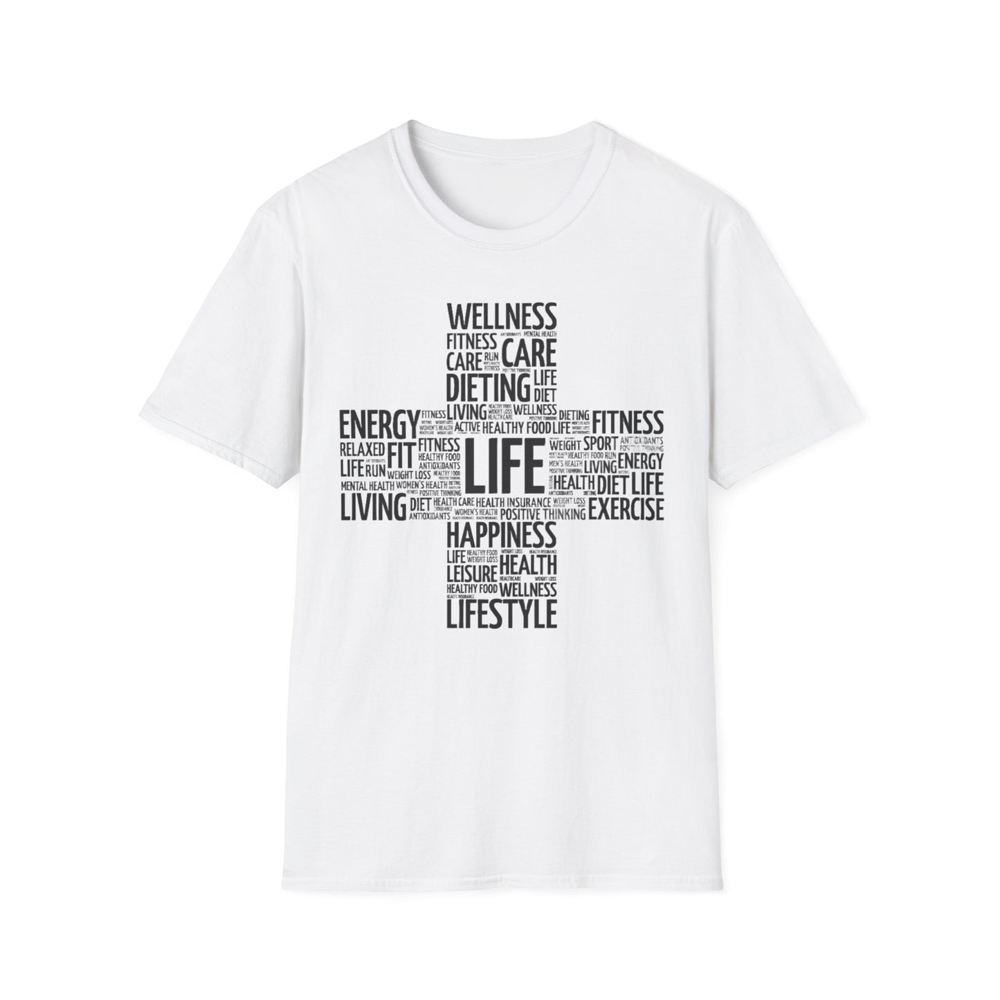 Unisex Happy Life Cross T-Shirt, Fitness Lifestyle Health Wellness Word Cloud t shirt, Positive Thinking Motivation Tee Shirt