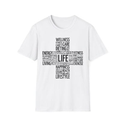 Unisex Happy Life Cross T-Shirt, Fitness Lifestyle Health Wellness Word Cloud t shirt, Positive Thinking Motivation Tee Shirt