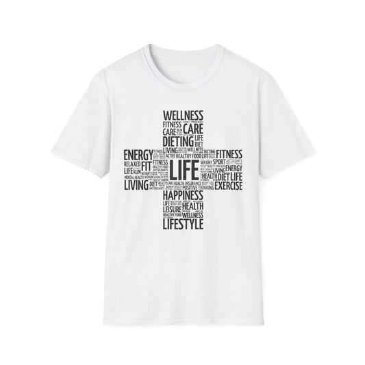 Unisex Happy Life Cross T-Shirt, Fitness Lifestyle Health Wellness Word Cloud t shirt, Positive Thinking Motivation Tee Shirt