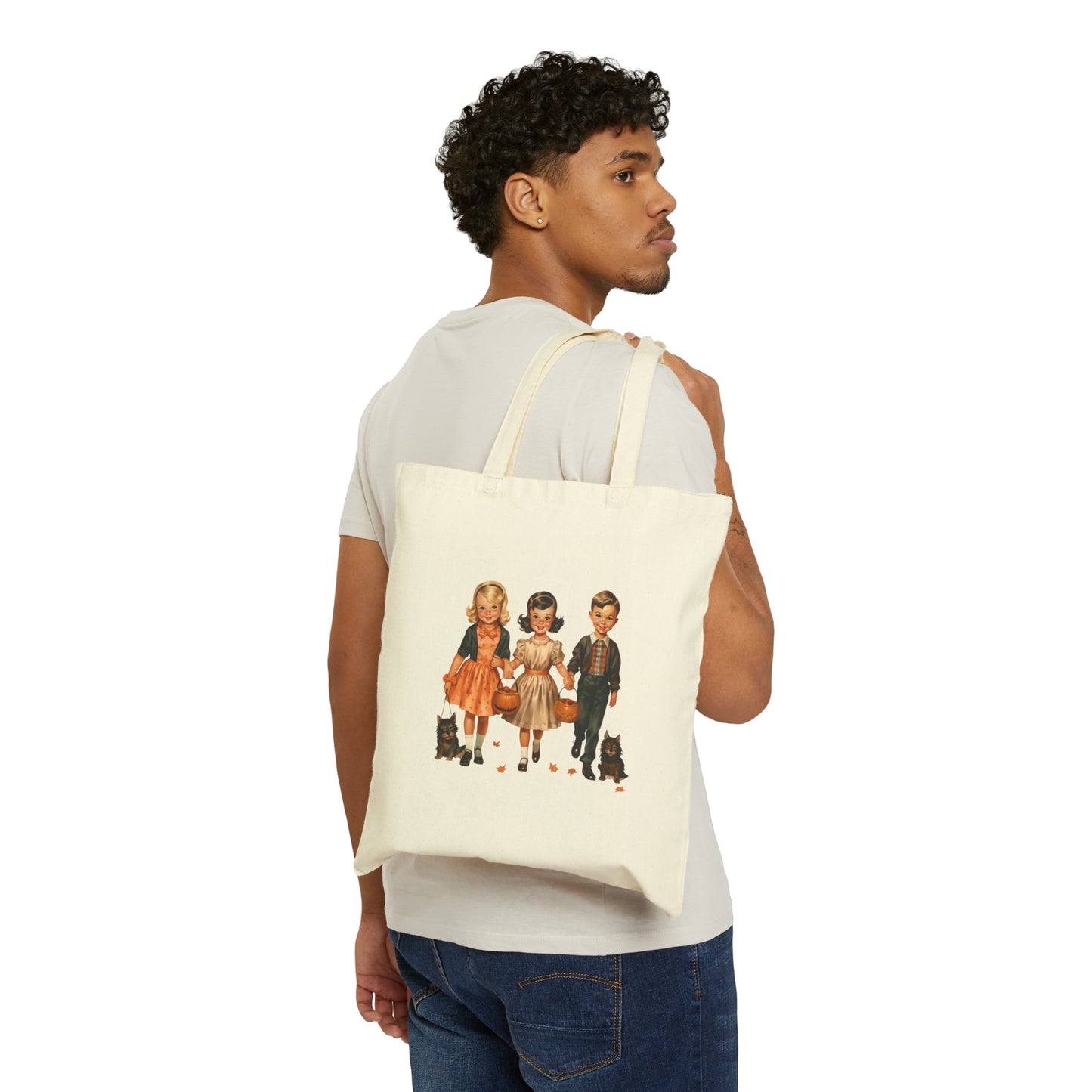 Vintage Halloween Kids Trick Or Treat Bag Cute Kids and Puppies Sweet Bag Retro 1950s Kids Halloween Tote Bag Old 50s Vintage Era Canvas Bag