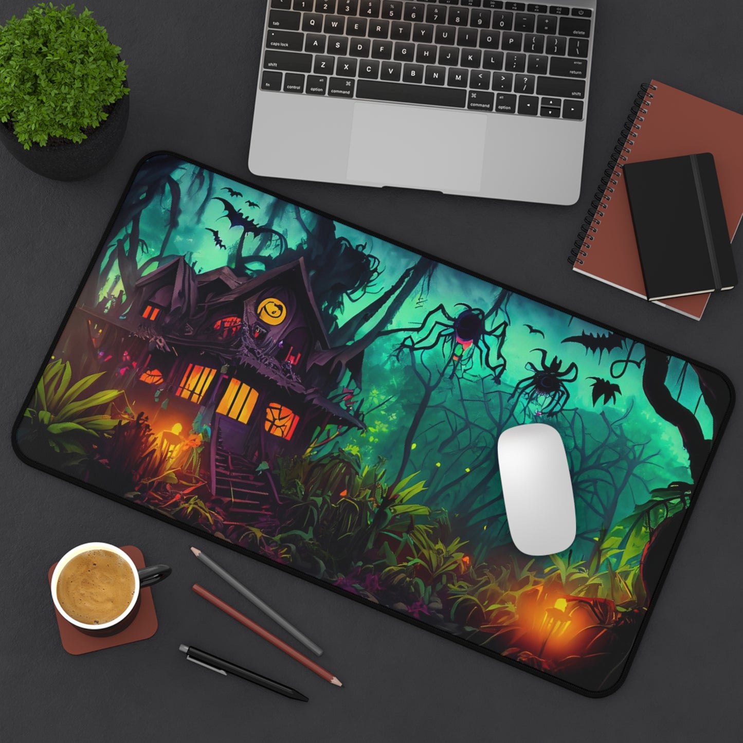 Retro Halloween Desk Mat Haunted House Office Desk Accessory Whimsigoth Mouse Pad Spooky Bats Desk Pad XL Creepy Spiders Gaming Mousepad