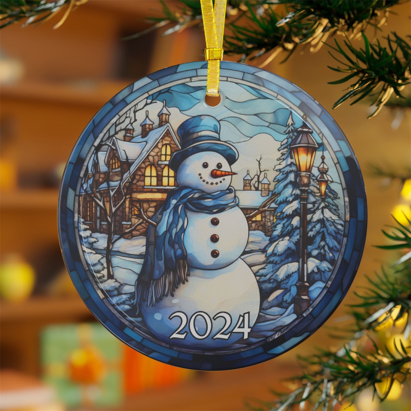 Christmas 2024 Glass Ornament Blue Snowman Christmas Decoration Holiday Gift Idea Heirloom Keepsake Gift Exchange Xmas Tree Decor Faux Stained Glass