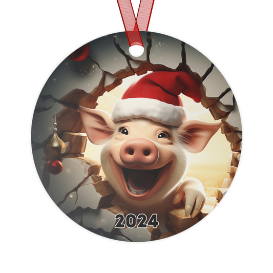 3D Breakthrough Funny Pig Ornament 2024 Christmas Decoration Round Metal Holiday 2024 Gift Idea Farm Animal Exchange Gift White Elephant