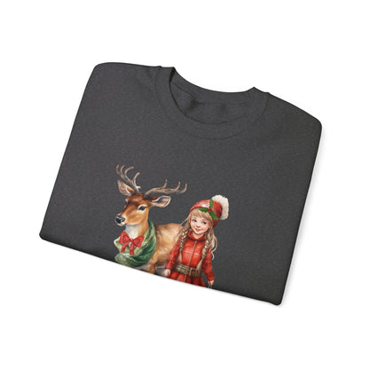 Vintage Reindeer Christmas Sweatshirt 50s Vintage Graphic Tee Vintage Retro Christmas Sweater 1950s Girl and Reindeer Sweat Rudolph Crewneck