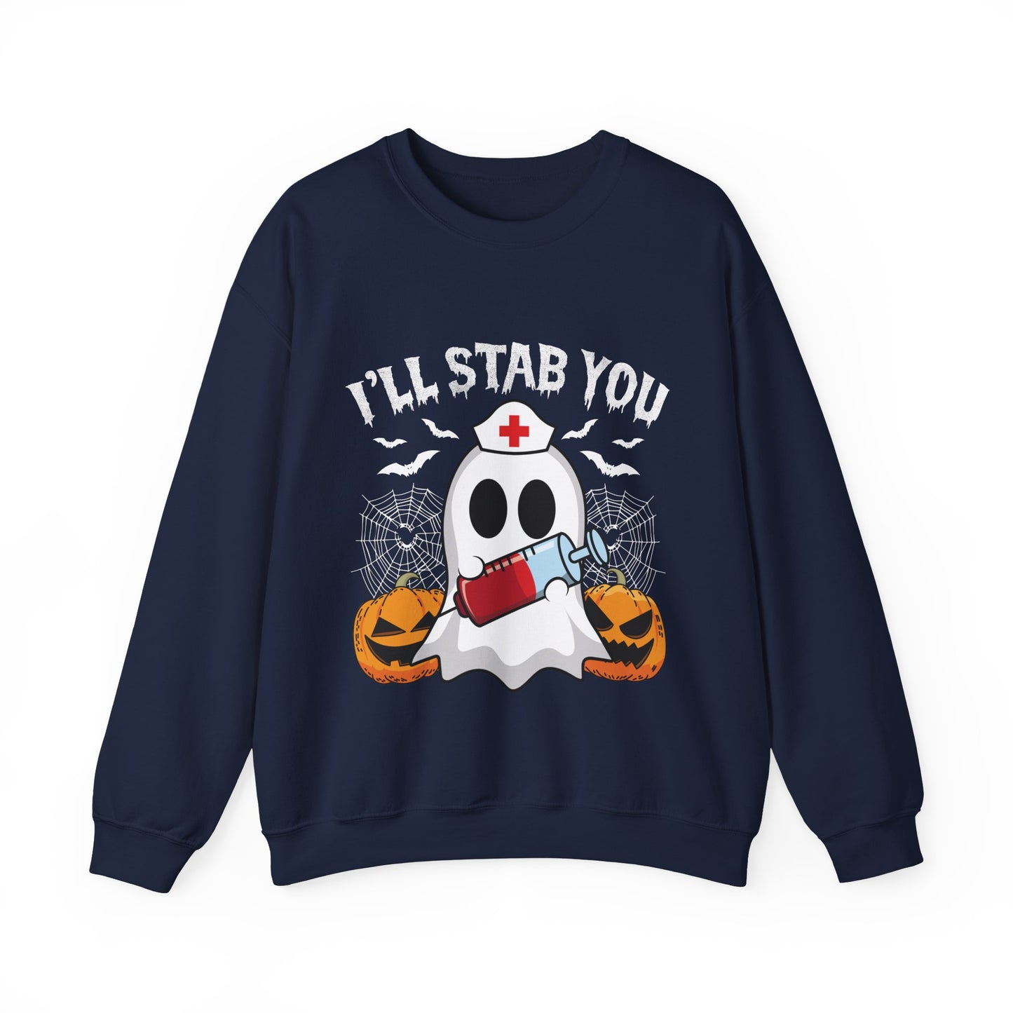 Funny Nurse Ghost Sweatshirt I’ll Stab You Halloween Sweater Ghost Nurse Halloween Spooky Season Pullover Sweater Boo Nursing Student Gift