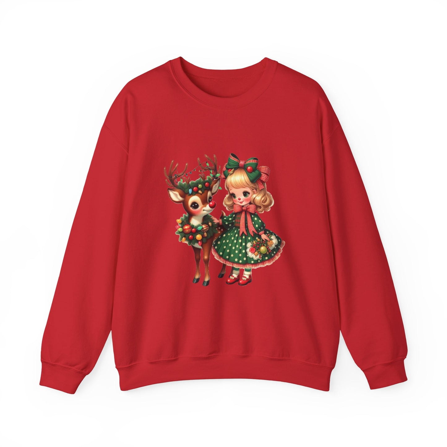 1950s Vintage Reindeer Christmas Sweatshirt Retro Christmas Sweater Vintage Graphic Tee Vintage Girl and Reindeer Sweater Rudolph Crewneck