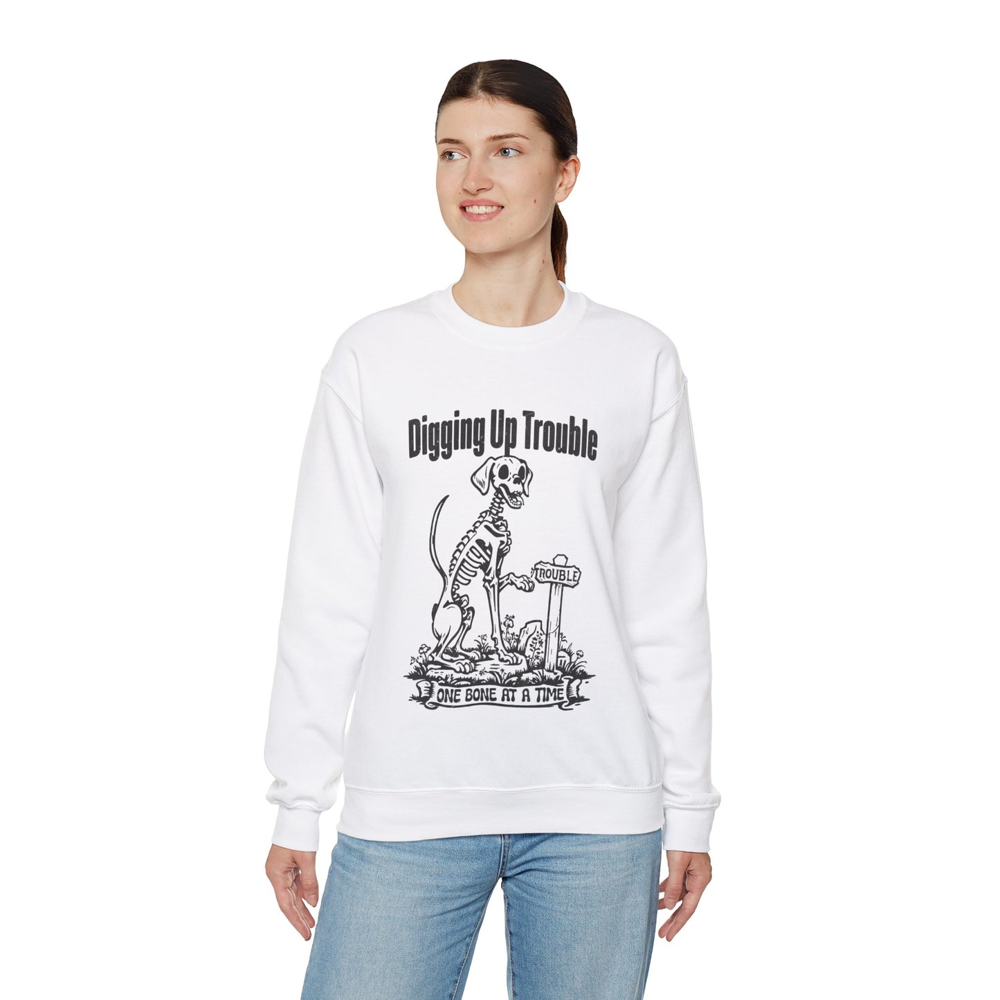 Digging up Trouble Halloween Sweatshirt Skeleton Dog Halloween Sweater Retro Funny Dog Halloween Pullover Sweater Dog Lover Gift Dog Owner