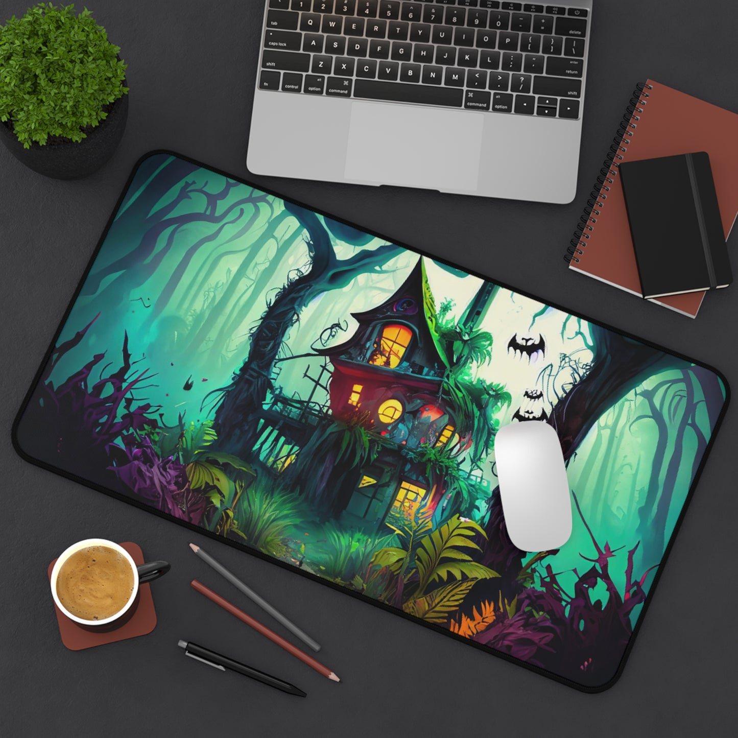 Retro Halloween Desk Mat Haunted House Office Desk Accessory Whimsigoth Large Mouse Pad Spooky Bats Desk Pad XL Neon Forest Gaming Mousepad