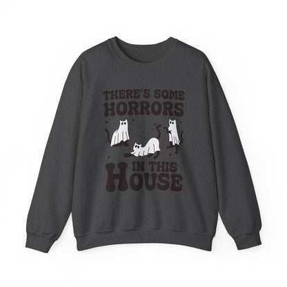 There's Some Horrors In This House Sweatshirt Funny Halloween Sweater Ghost Cat Sweater Retro Halloween Sweater Spooky Season Cat Lover Gift