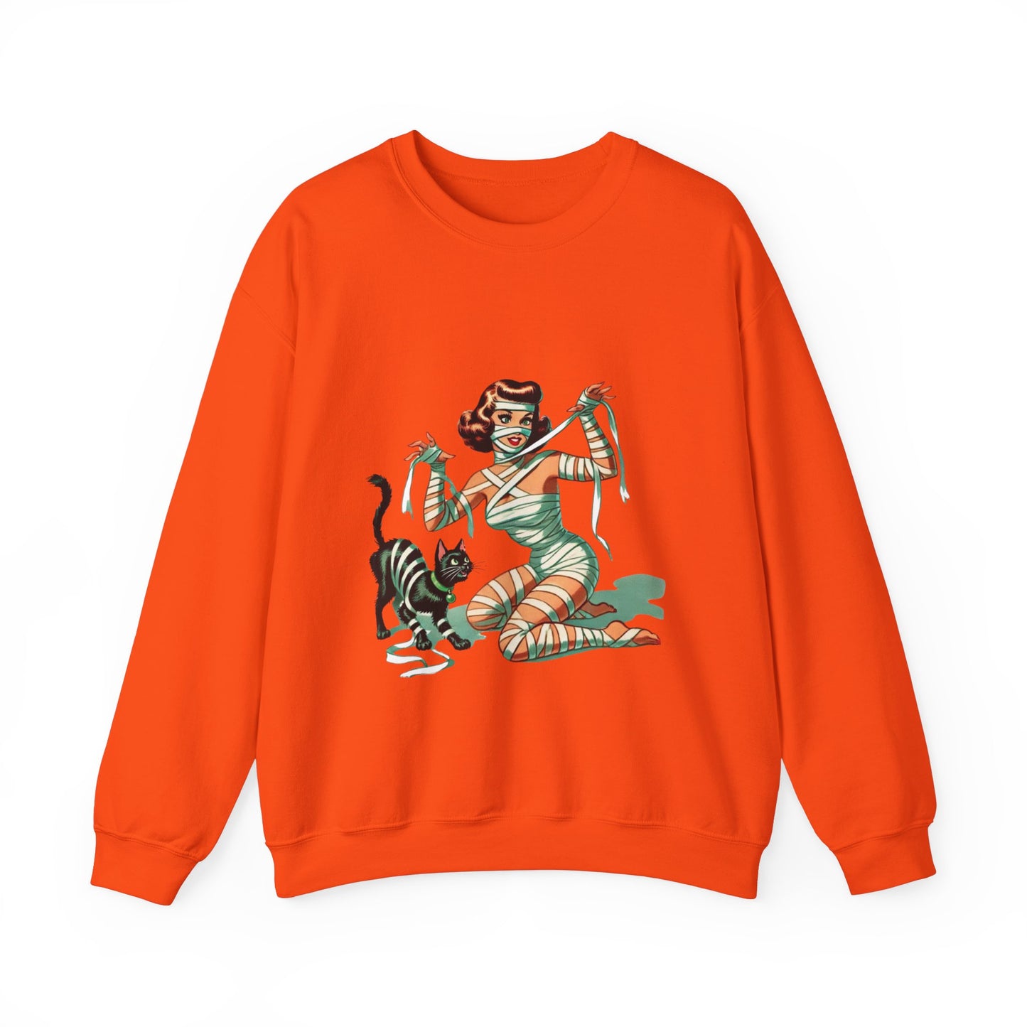 Mummy Pin-Up Girl Sweatshirt Halloween Cat Girl Sweater Retro Pin Up Girl Mummy Pullover Vintage Creepy Cat Pinup Girl Sweater Womans Gift