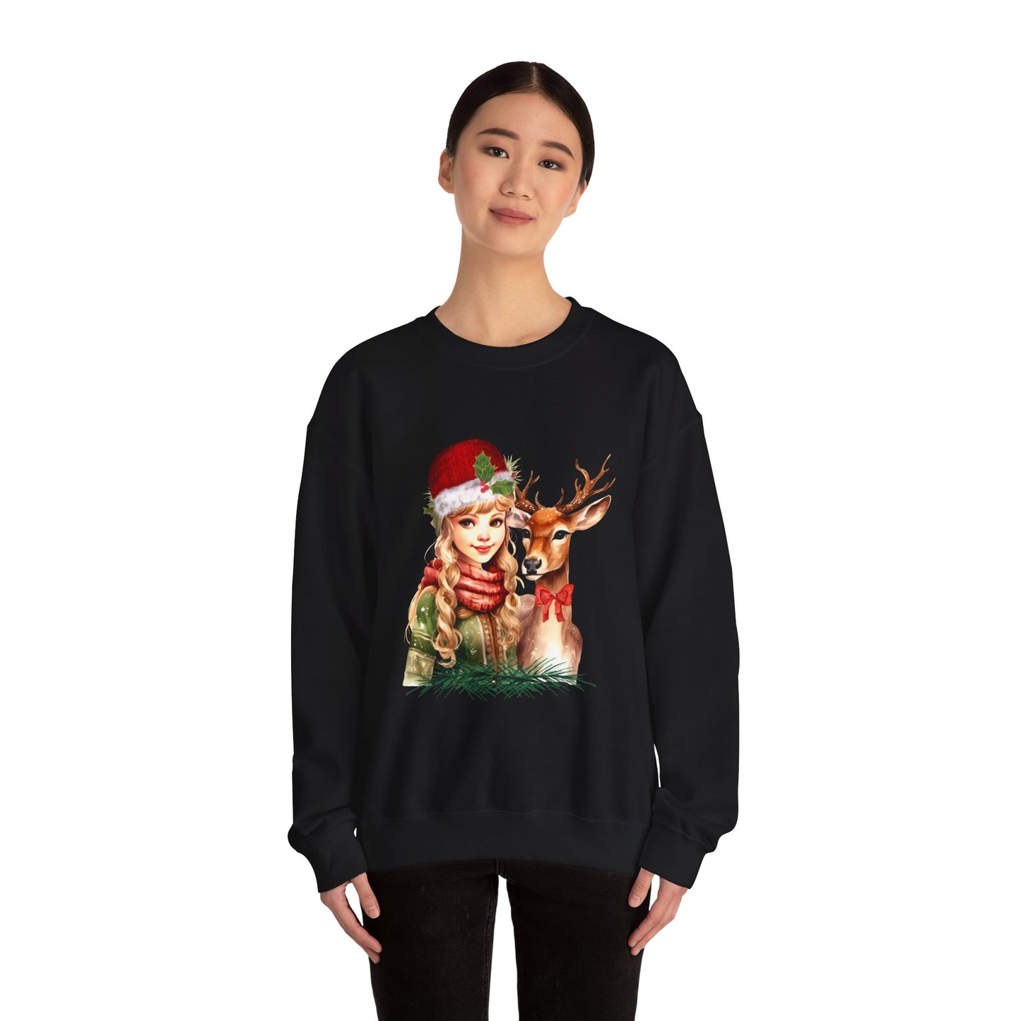 Vintage Reindeer Christmas Sweatshirt Retro Christmas Sweater Vintage Graphic Tee Vintage 1950s Girl and Reindeer Sweater Rudolph Crewneck