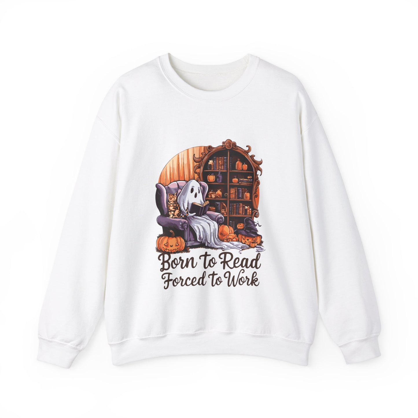 Born To Read Forced To Work Sweatshirt Funny Halloween Ghost Reading Book Sweater Book Addict Gift Book Lover Pullover Sweater Librarian Gift