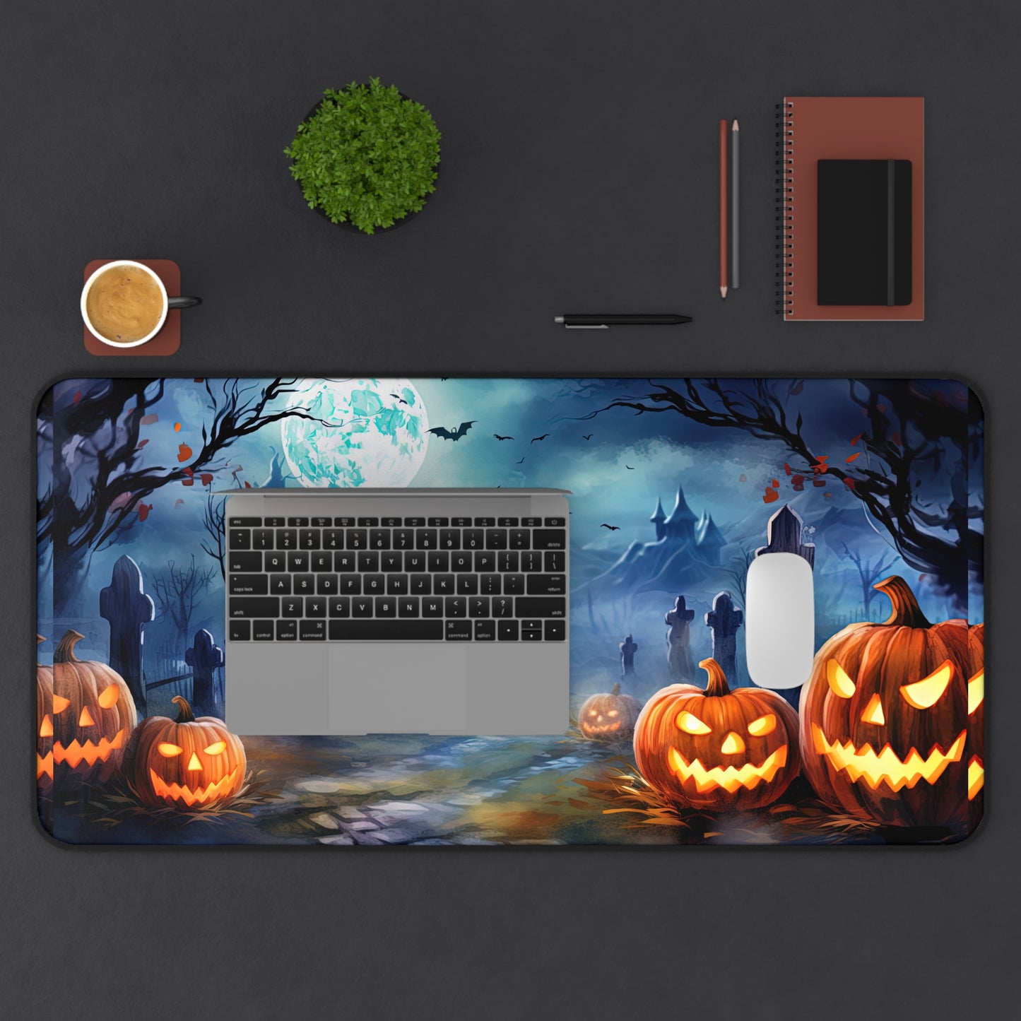 Halloween Desk Mat Haunted Graveyard Office Desk Accessories Creepy Pumpkins Large Mouse Pad Airey Full Moon Desk Pad Spooky Gaming Mousepad