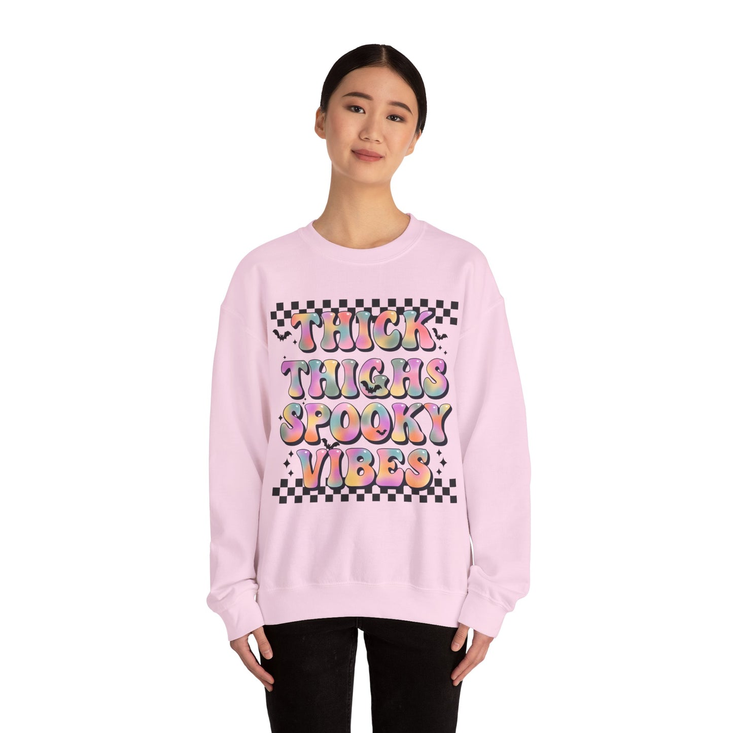 Thick Thighs And Spooky Vibes Sweatshirt Retro Halloween Sweater Groovy Halloween Party Outfit Spooky Season Funny Halloween Apparel Fall