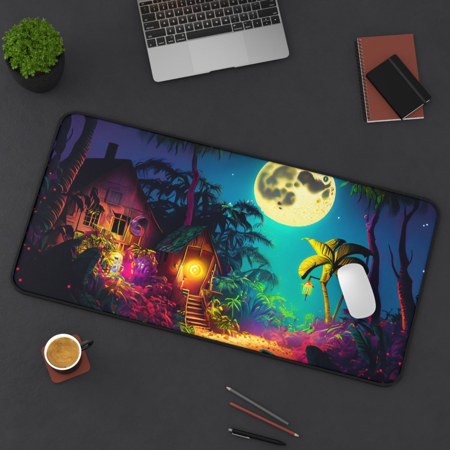 Retro Halloween Desk Mat Haunted House Office Desk Accessory Whimsigoth Large Mouse Pad Full Moon Desk Pad XL Tropical Neon Gaming Mousepad