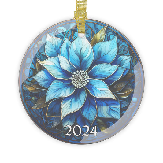 Christmas 2024 Glass Ornament Blue Flower Christmas Decoration Gift Idea Heirloom Keepsake Gift Exchange Xmas Tree Decor Faux Stained Glass