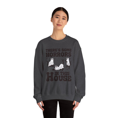 There's Some Horrors In This House Sweatshirt Funny Halloween Sweater Ghost Cat Sweater Retro Halloween Sweater Spooky Season Cat Lover Gift