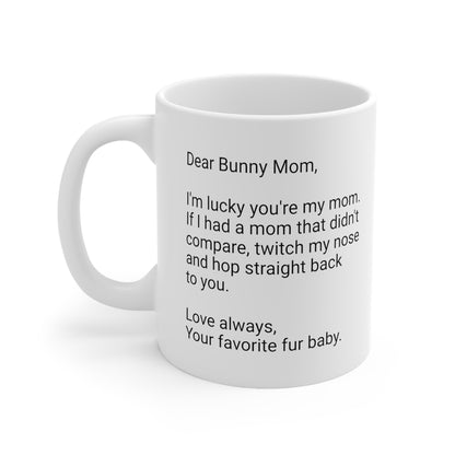 Bunny Mother's Day 11oz Coffee Mug,"...twitch my nose...", Funny Novelty Rabbit Mother's Present, Bunny Rabbit Lover Gift Cup, Fur Mama