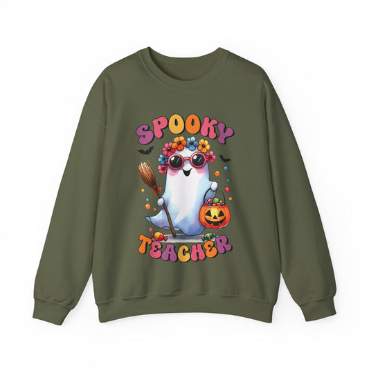 Retro Spooky Teacher Sweatshirt Halloween Teacher Sweater Funny Ghost Teacher Pullover Sweater Groovy Halloween Teacher Gift Spooky Teacher