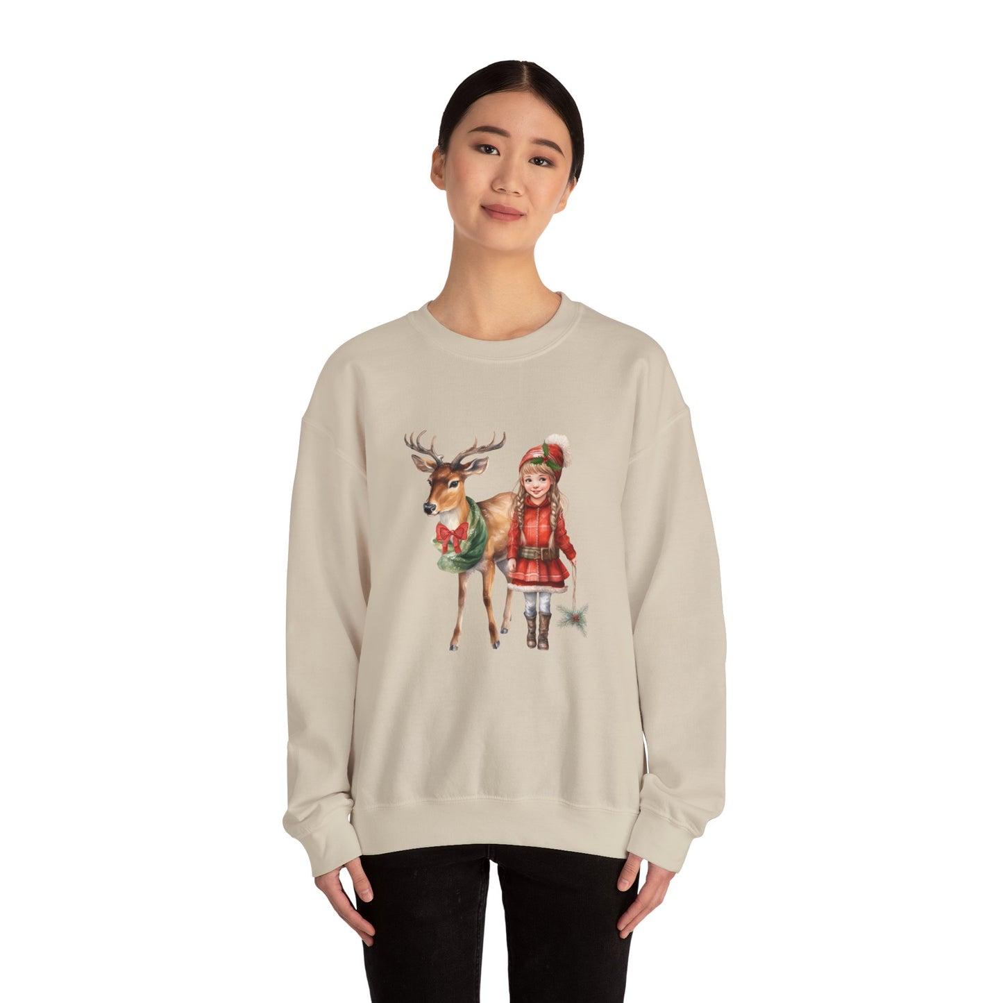 Vintage Reindeer Christmas Sweatshirt 50s Vintage Graphic Tee Vintage Retro Christmas Sweater 1950s Girl and Reindeer Sweat Rudolph Crewneck