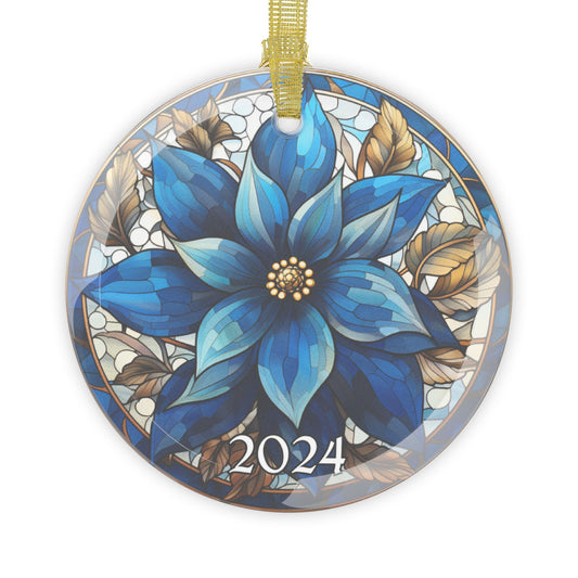 Christmas 2024 Glass Ornament Blue Flower Christmas Decoration Gift Idea Heirloom Keepsake Gift Exchange Faux Stained Glass Xmas Tree Decor