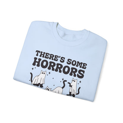 There's Some Horrors In This House Sweatshirt Funny Halloween Sweater Ghost Cat Sweater Retro Halloween Sweater Spooky Season Cat Lover Gift