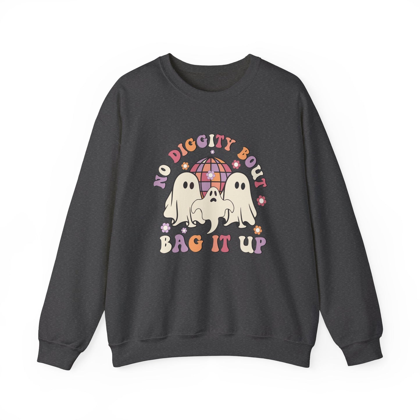 No Diggity Bout To Bag It Up Halloween Sweatshirt Retro Halloween Sweater Retro Halloween Apparel Groovy Spooky Season Crewneck Cute Ghosts