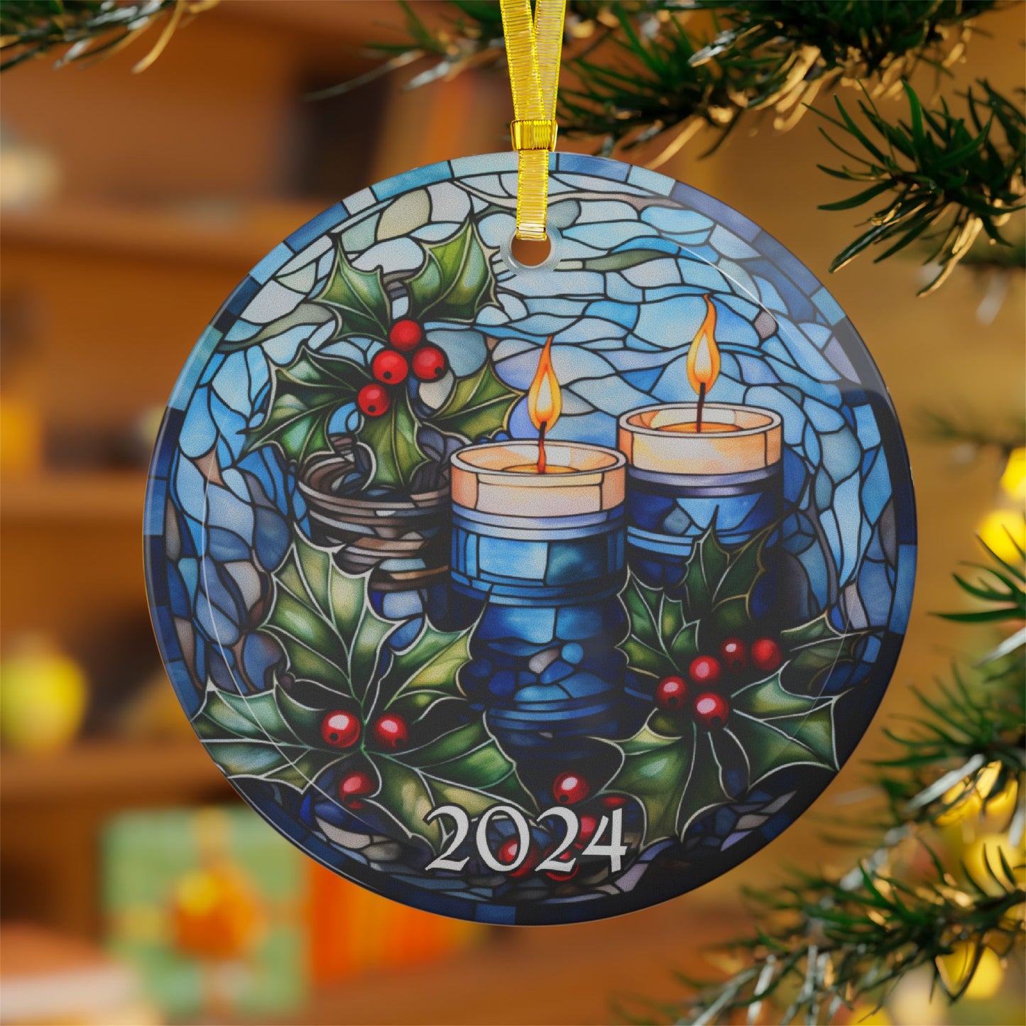 Christmas 2024 Glass Ornament Christmas Candles Decor Holiday Gift Idea Heirloom Keepsake Gift Exchange Xmas Tree Decor Faux Stained Glass