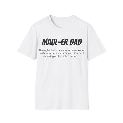 Funny Rugby Dad's Mens Softstyle T-shirt, "Maul-er Dad", Father's Day Gift, Humorous Unique Novelty Apparel Tee Present