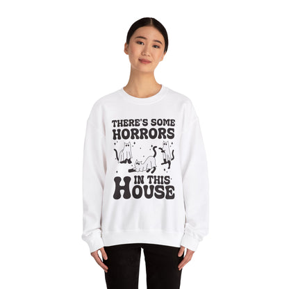 There's Some Horrors In This House Sweatshirt Funny Halloween Sweater Ghost Cat Sweater Retro Halloween Sweater Spooky Season Cat Lover Gift