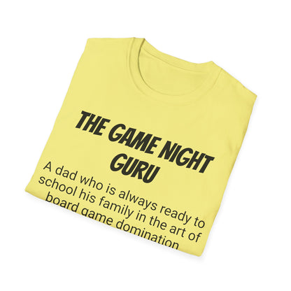 Funny Dad's Mens Softstyle T-shirt, "The Game Night Guru",Father's Day Gift,Tee for Him,Adult Humorous Unique Novelty Present