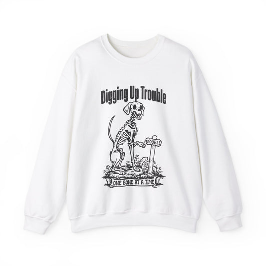 Digging up Trouble Halloween Sweatshirt Skeleton Dog Halloween Sweater Retro Funny Dog Halloween Pullover Sweater Dog Lover Gift Dog Owner