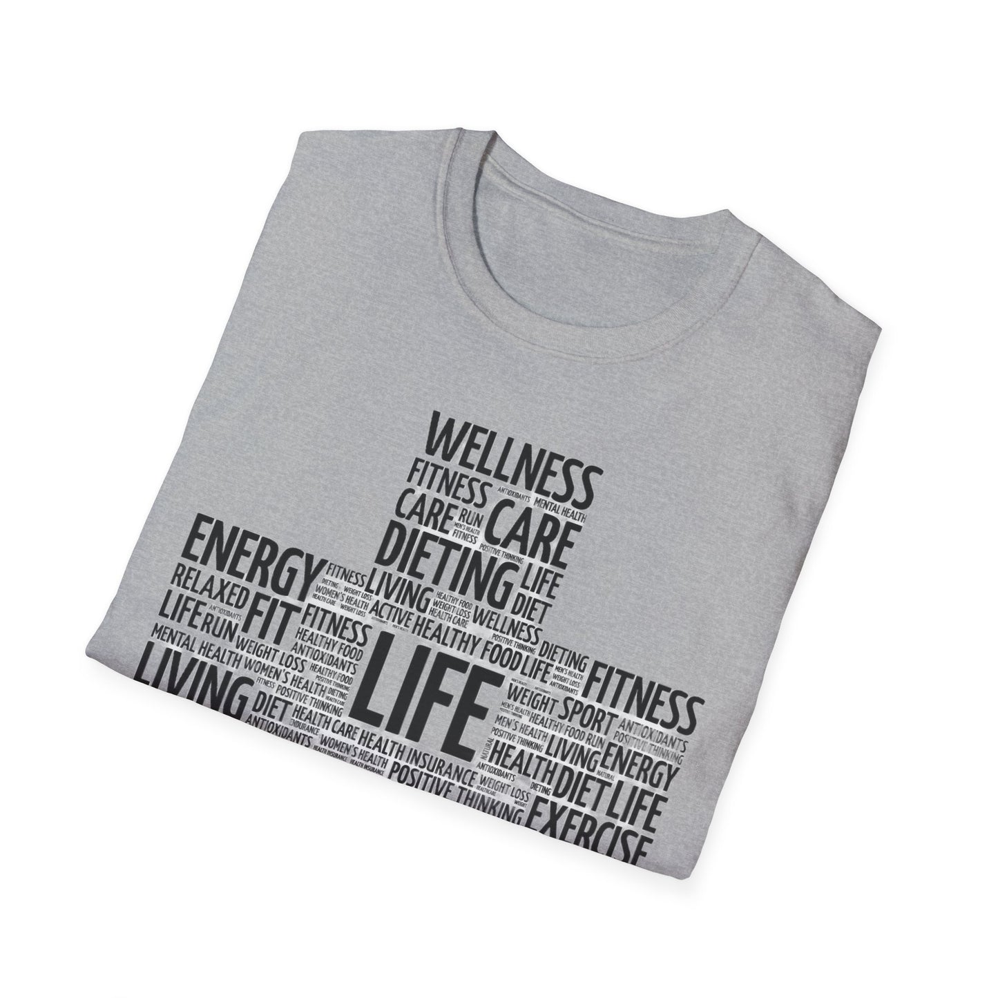 Unisex Happy Life Cross T-Shirt, Fitness Lifestyle Health Wellness Word Cloud t shirt, Positive Thinking Motivation Tee Shirt