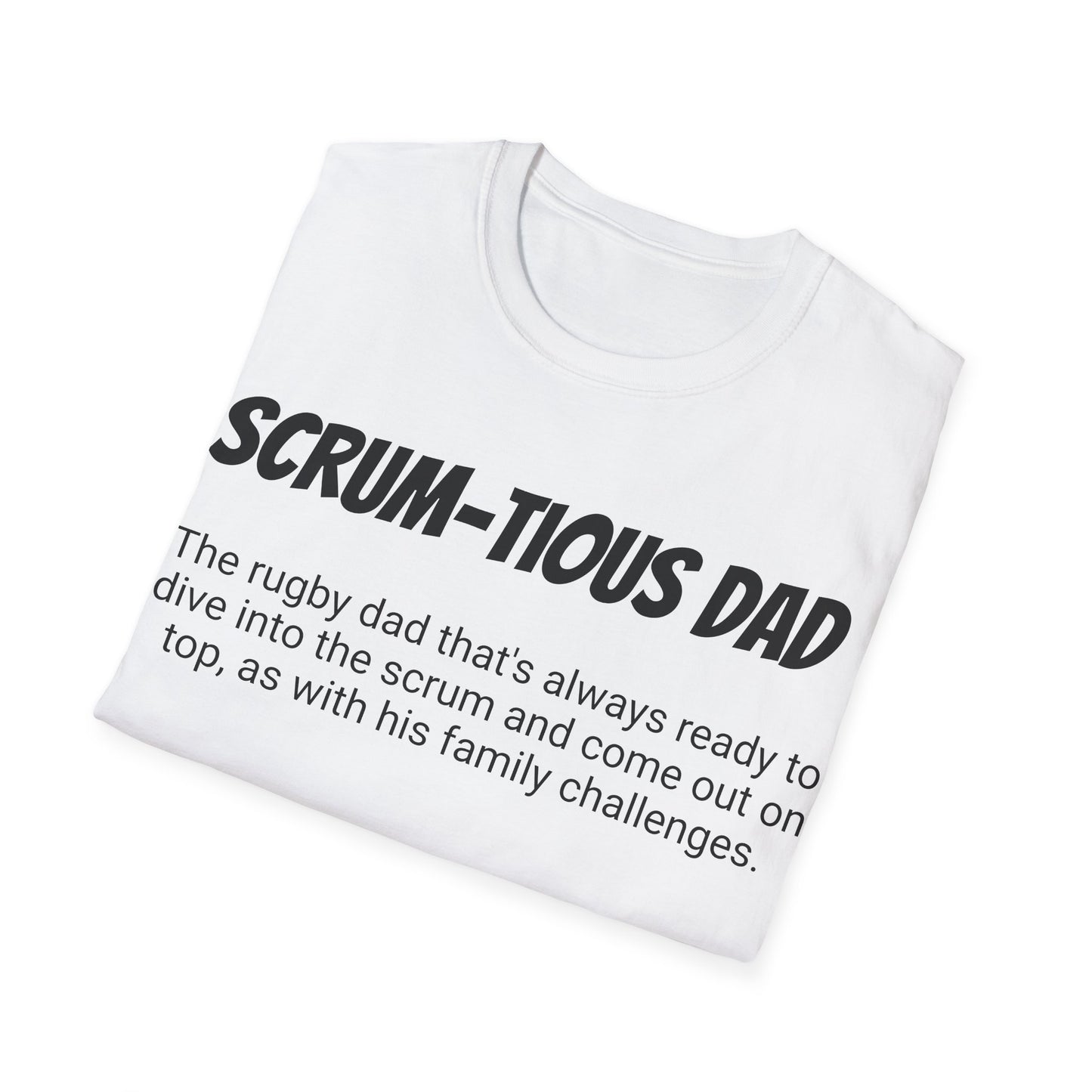 Funny Rugby Dad's Mens Softstyle T-shirt, "Scrum-tious Dad", Father's Day Gift, Humorous Unique Novelty Apparel Tee Present