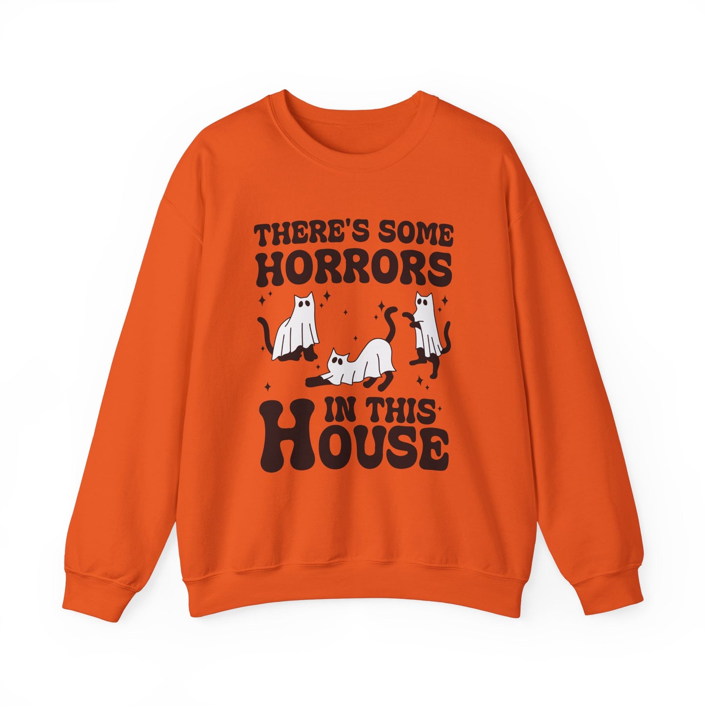 There's Some Horrors In This House Sweatshirt Funny Halloween Sweater Ghost Cat Sweater Retro Halloween Sweater Spooky Season Cat Lover Gift