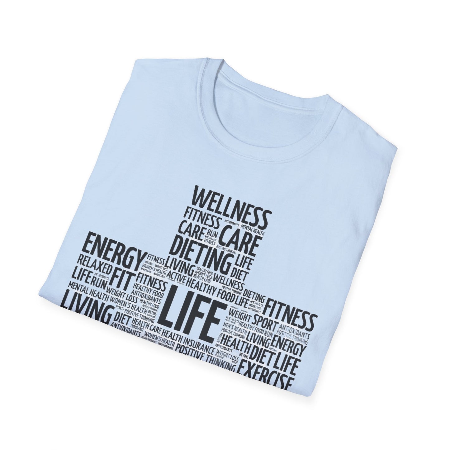 Unisex Happy Life Cross T-Shirt, Fitness Lifestyle Health Wellness Word Cloud t shirt, Positive Thinking Motivation Tee Shirt