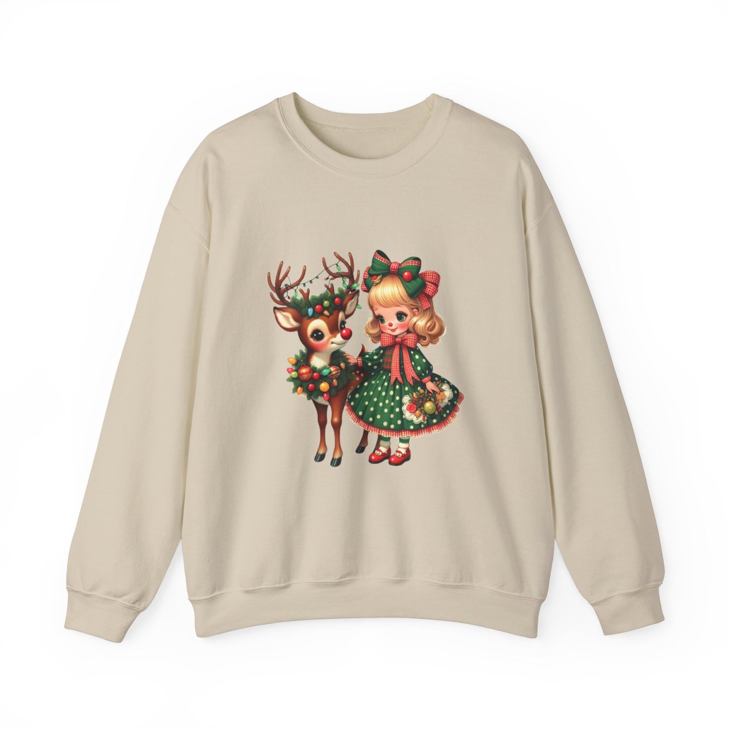 1950s Vintage Reindeer Christmas Sweatshirt Retro Christmas Sweater Vintage Graphic Tee Vintage Girl and Reindeer Sweater Rudolph Crewneck