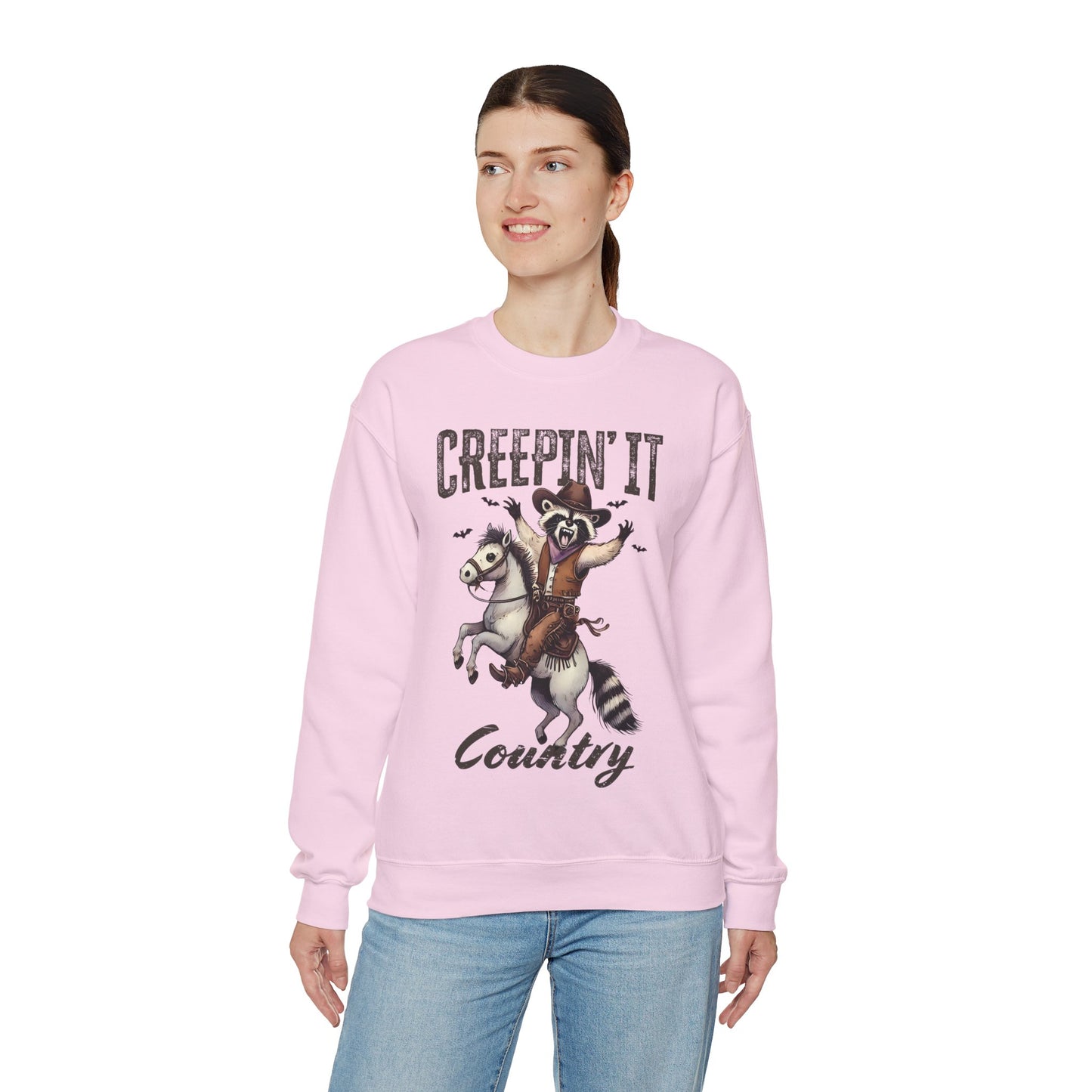 Raccoon Cowboy Halloween Creepin' It Country Funny Meme Sweatshirt Rodeo Raccoon Cowboy Pullover Sweater Western Rodeo Halloween Spooky Gift