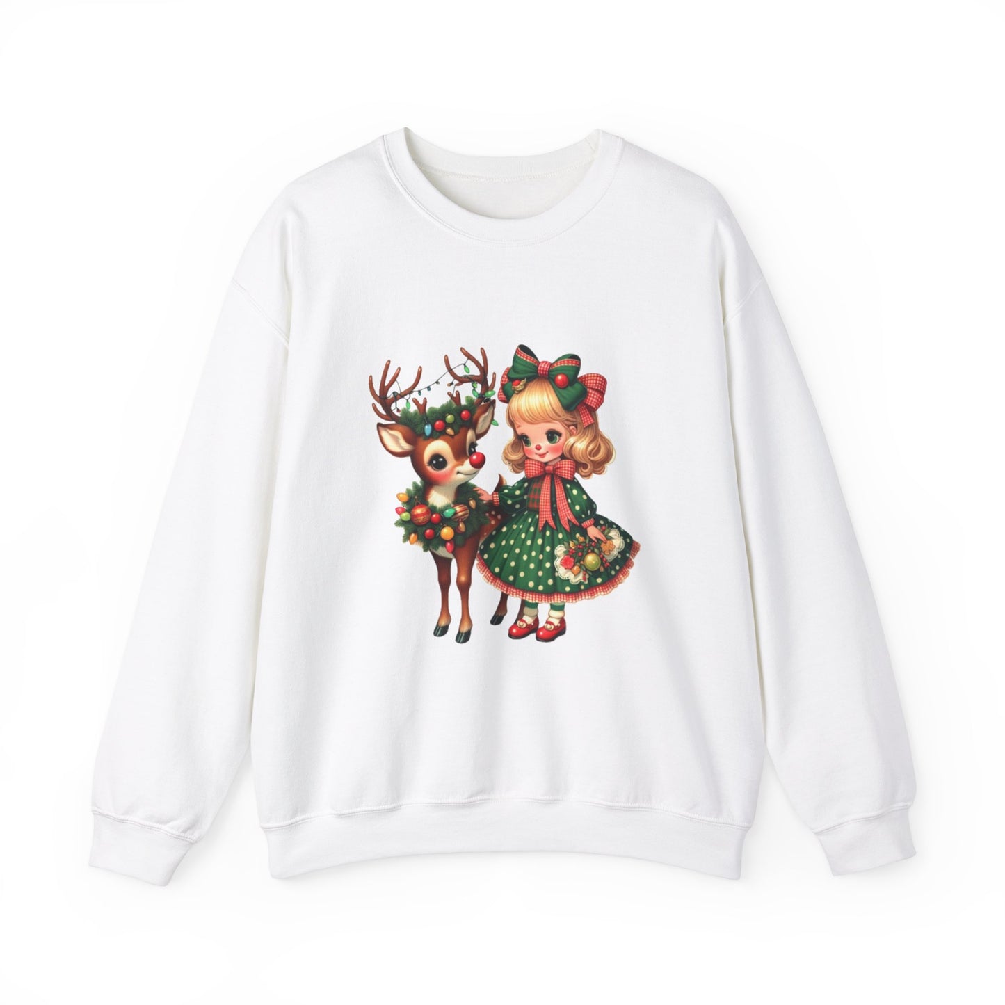 1950s Vintage Reindeer Christmas Sweatshirt Retro Christmas Sweater Vintage Graphic Tee Vintage Girl and Reindeer Sweater Rudolph Crewneck