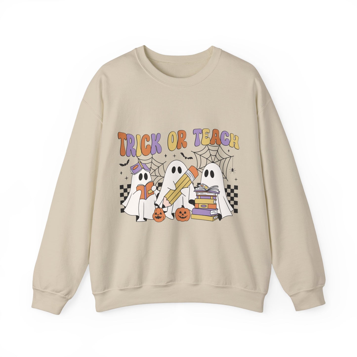 Trick or Teach Sweatshirt Halloween Teacher Sweater Retro Groovy Ghosts Teacher Pullover Sweater Bookish Ghosts Halloween Gift Ghost Teacher