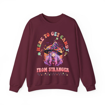 Here To Get Candy From Stranger Sweatshirt Funny Halloween Sweater Anime Witch Sweatshirt Retro Halloween Sweater Halloween Witch Crewneck