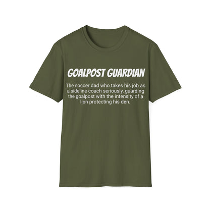 Funny Soccer Dad's Mens Softstyle T-shirt,"Goalpost Guardian", Father's Day Gift, Humorous Unique Novelty Apparel Tee Present